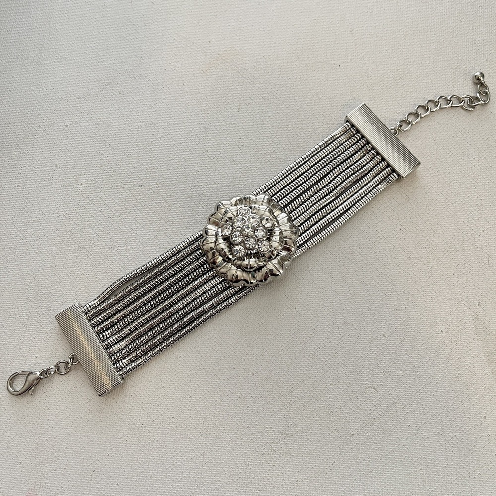 Premier Designs Rhinestone Flower Multistrand Snake Chain Silver Tone Bracelet - Picture 2 of 4